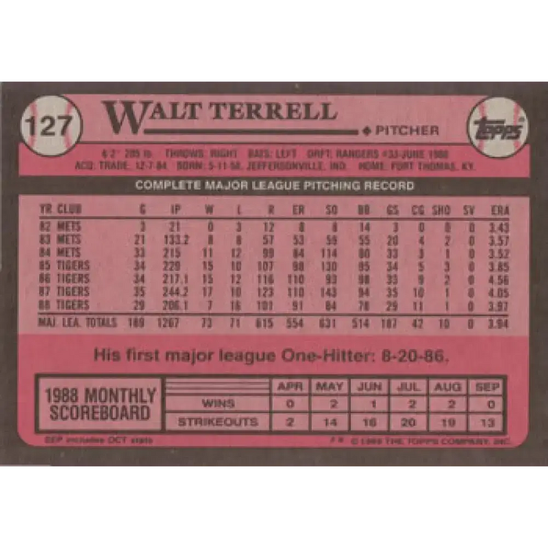 1989 Topps #127 Walt Terrell NM-MT Detroit Tigers Baseball Card - Baseball Card Single
