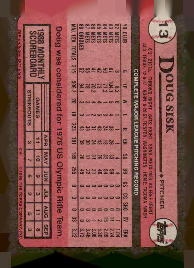 Baseball trading card of Doug Sisk from 1989 Topps featuring Baltimore Orioles player