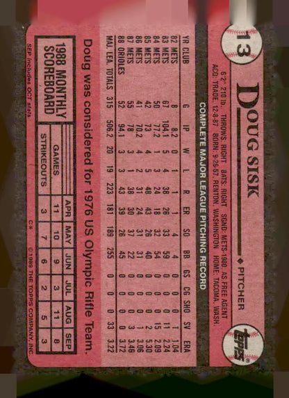 Baseball trading card of Doug Sisk from 1989 Topps featuring Baltimore Orioles player