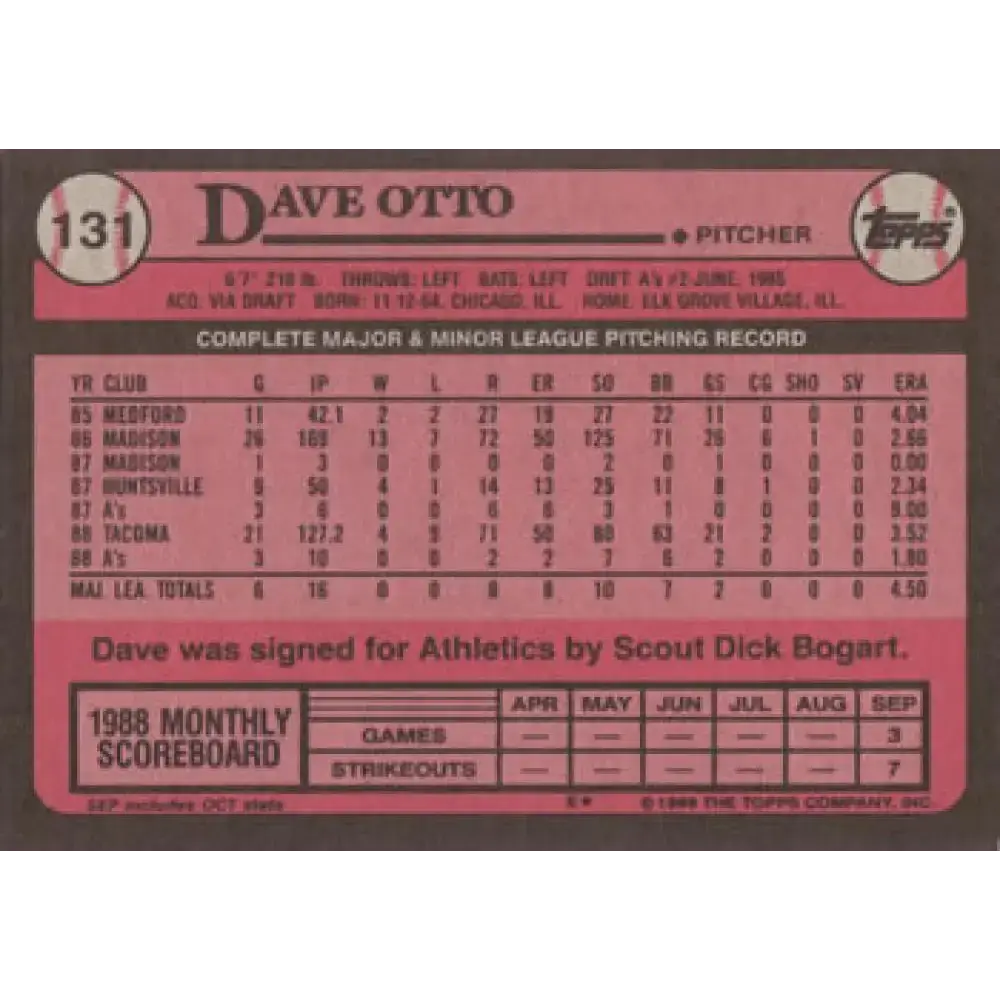 1989 Topps #131 Dave Otto NM-MT Oakland Athletics Baseball Card - Baseball Card Single