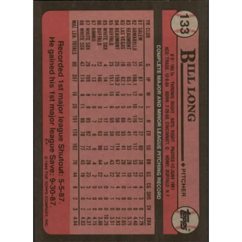 1989 Topps #133 Bill Long NM-MT Chicago White Sox Baseball Card - Baseball Card Single