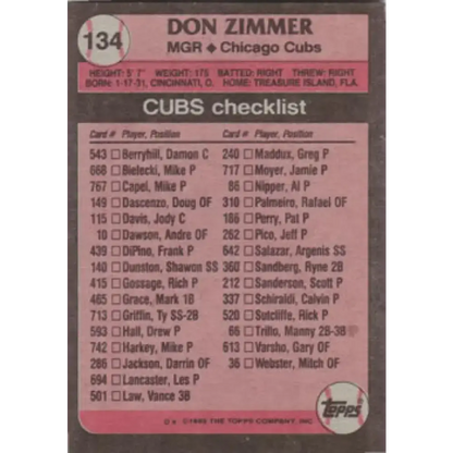 1989 Topps #134 Don Zimmer MG NM-MT Chicago Cubs Baseball Card