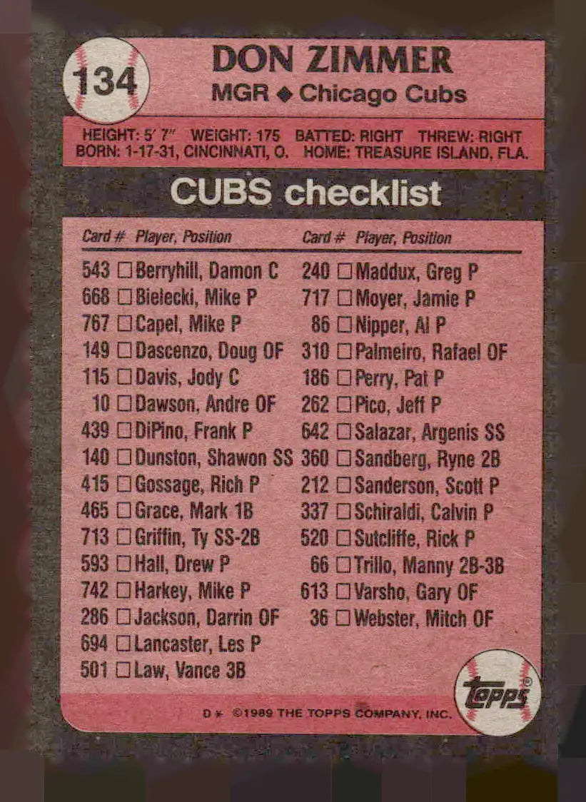 Back of vintage Don Zimmer baseball card with Cubs checklist from 1989 Topps #134