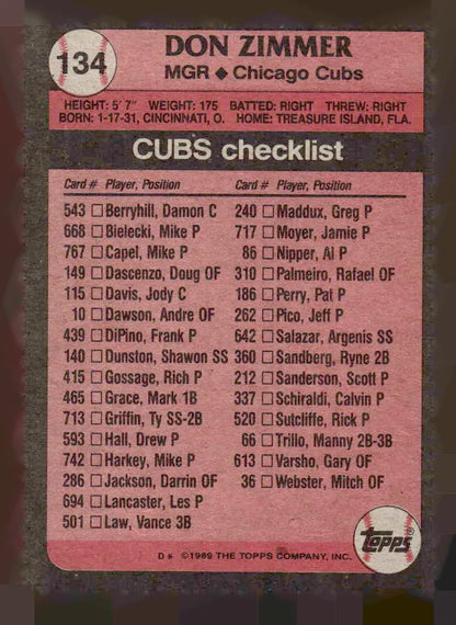 Back of vintage Don Zimmer baseball card with Cubs checklist from 1989 Topps #134
