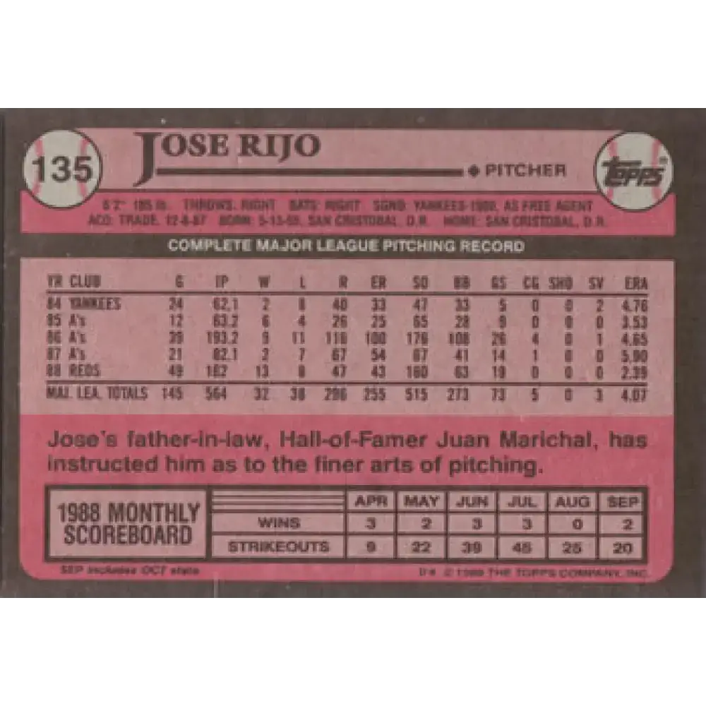 1989 Topps #135 Jose Rijo NM-MT Cincinnati Reds Baseball Card - Baseball Card Single
