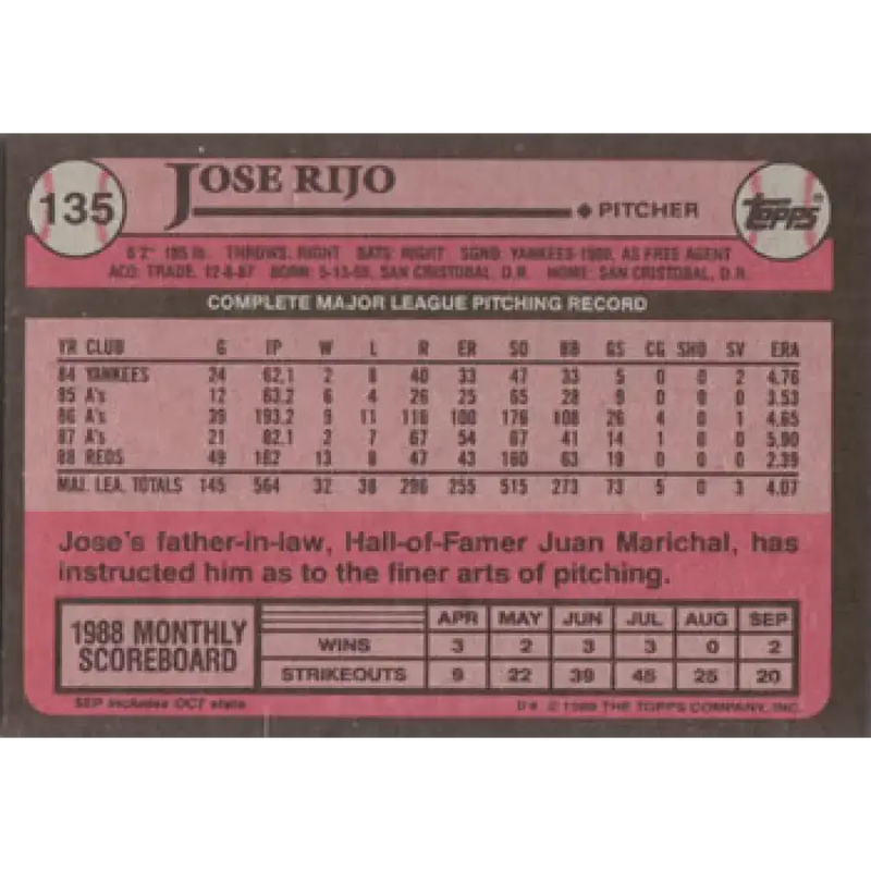 1989 Topps #135 Jose Rijo NM-MT Cincinnati Reds Baseball Card - Baseball Card Single