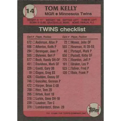 1989 Topps #14 Tom Kelly MG NM-MT Minnesota Twins Baseball Card