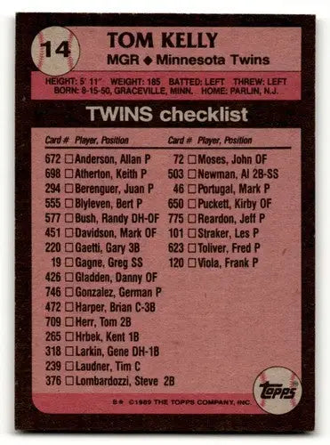 1989 Topps #14 Tom Kelly Minnesota Twins Baseball Cards EX/NM ID:61569