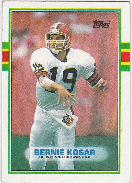 Football trading card of Bernie Kosar Cleveland Browns in white uniform number 19