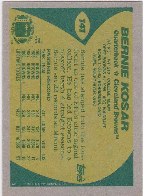 Vintage Bernie Kosar Cleveland Browns trading card with green and yellow design