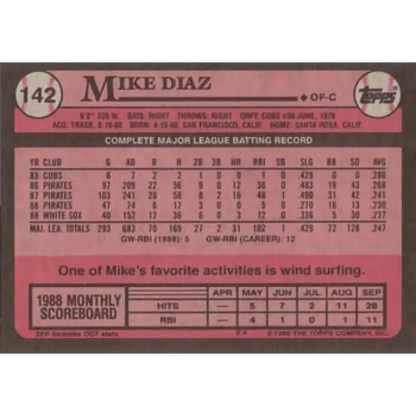 1989 Topps #142 Mike Diaz NM-MT Chicago White Sox Baseball Card