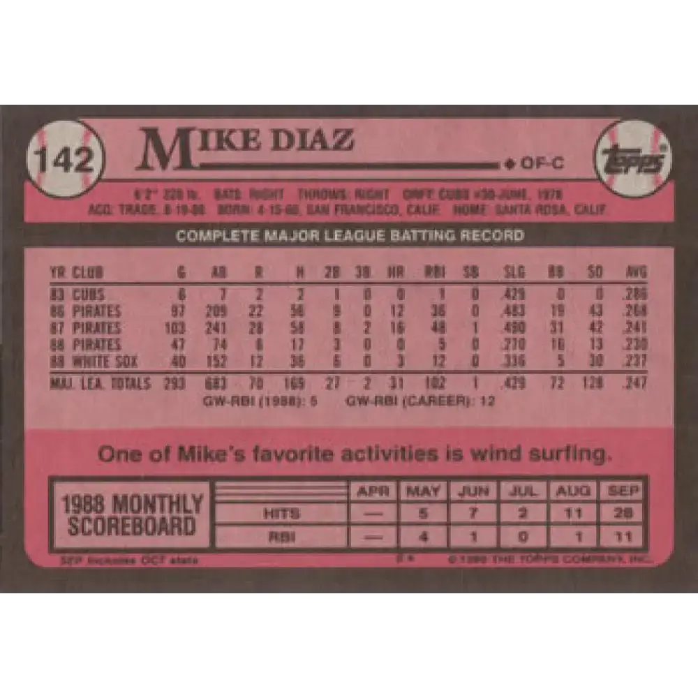 1989 Topps #142 Mike Diaz NM-MT Chicago White Sox Baseball Card - Baseball Card Single