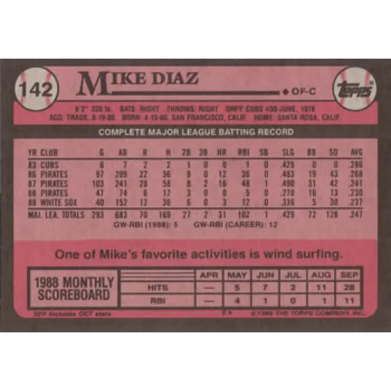1989 Topps #142 Mike Diaz NM-MT Chicago White Sox Baseball Card - Baseball Card Single