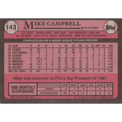 1989 Topps #143 Mike Campbell NM-MT Seattle Mariners Baseball Card