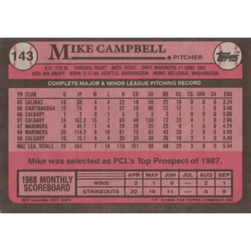 1989 Topps #143 Mike Campbell NM-MT Seattle Mariners Baseball Card - Baseball Card Single