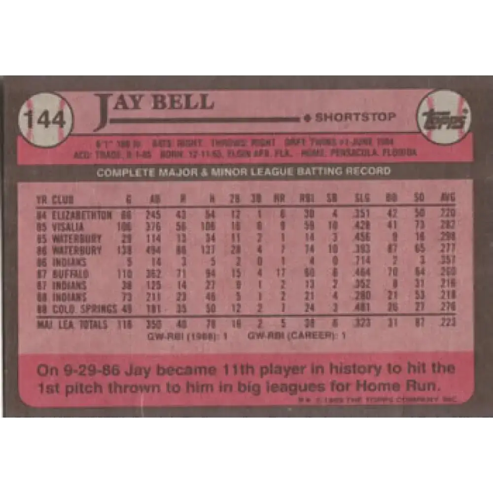 1989 Topps #144 Jay Bell NM-MT Cleveland Indians Baseball Card - Baseball Card Single