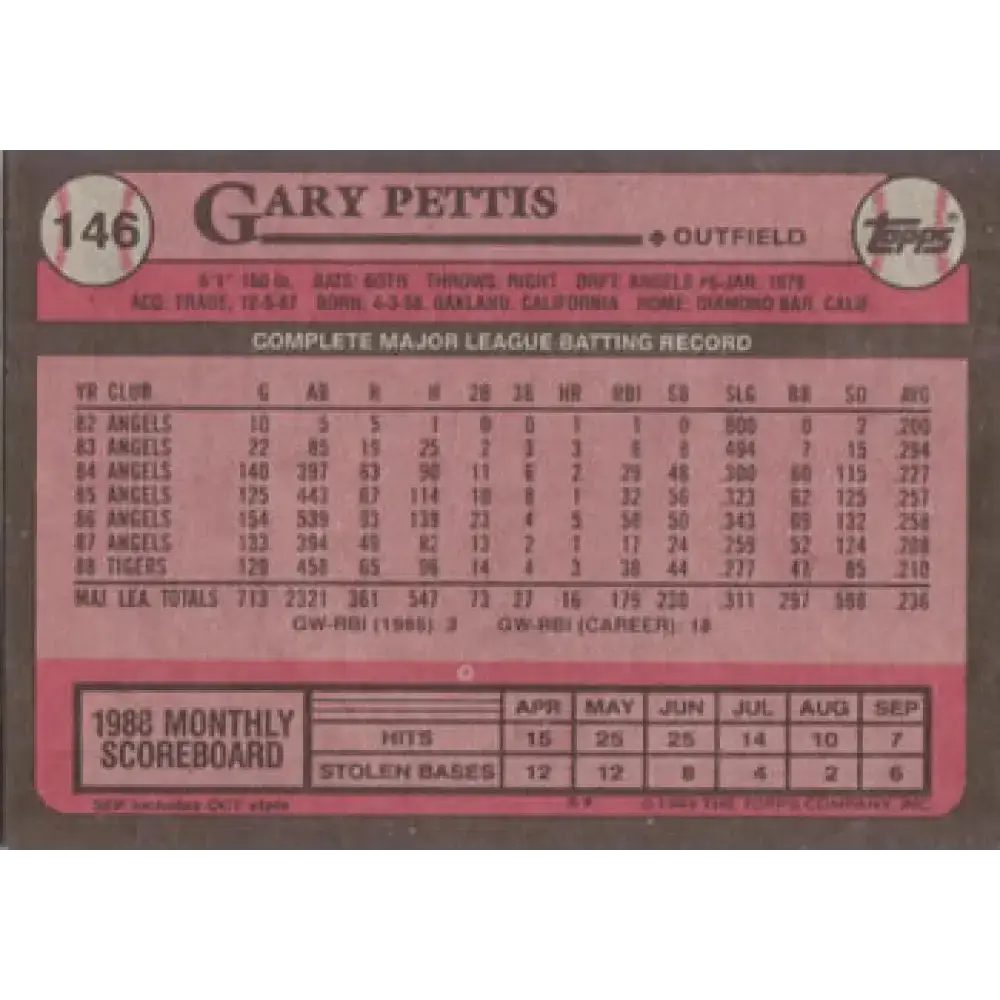 1989 Topps #146 Gary Pettis NM-MT Detroit Tigers Baseball Card - Baseball Card Single