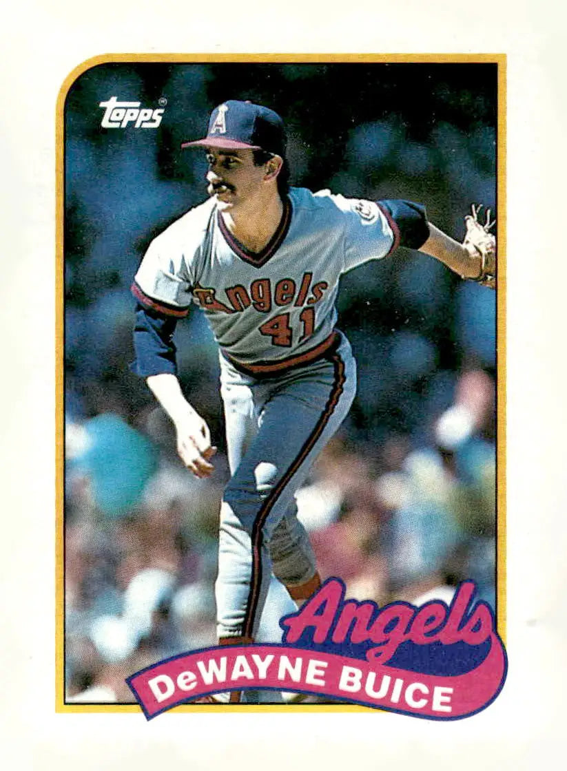 1989 Topps DeWayne Buice baseball card featuring Angels pitcher DeWayne Buice