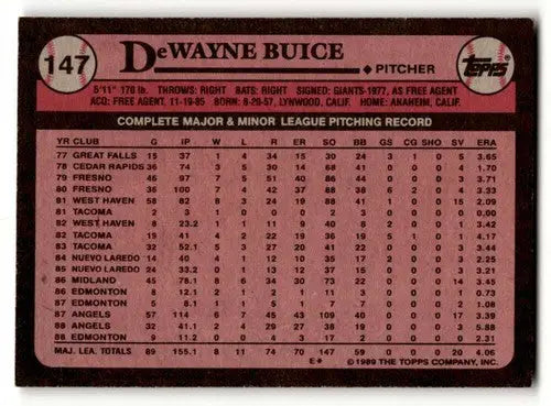 1989 Topps #147 DeWayne Buice California Angels Baseball Cards EX/NM ID:61571 - Baseball Card Single