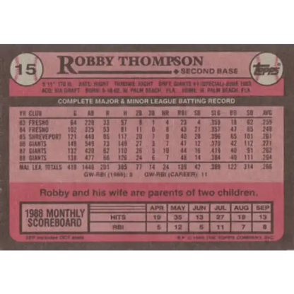 1989 Topps #15 Robby Thompson NM-MT San Francisco Giants Baseball Card
