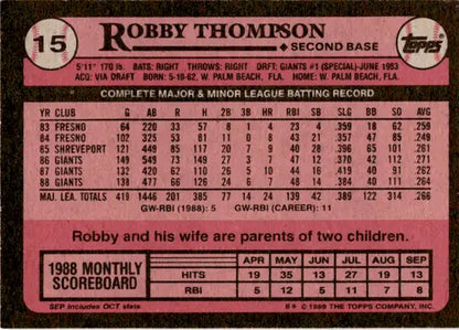 Robby Thompson baseball card 1989 Topps #15 with original gloss near mint condition