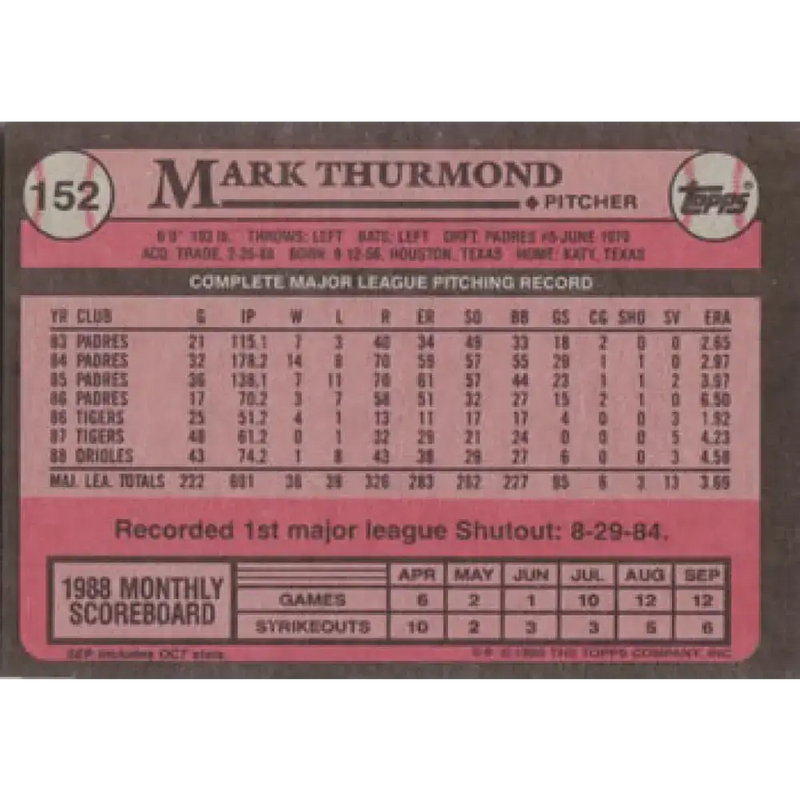 1989 Topps #152 Mark Thurmond NM-MT Baltimore Orioles Baseball Card - Baseball Card Single