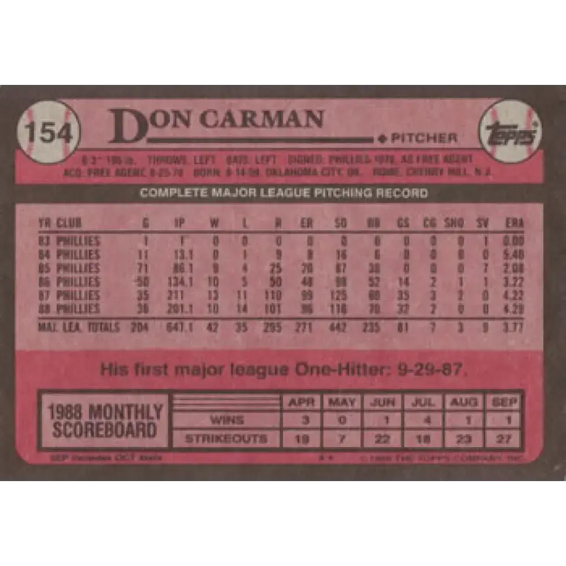 1989 Topps #154 Don Carman NM-MT Philadelphia Phillies Baseball Card - Baseball Card Single