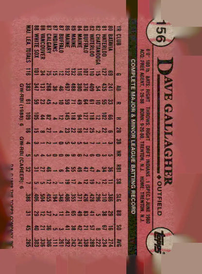 1989 Topps Dave Gallagher baseball card featuring Chicago White Sox player Dave Gallagher
