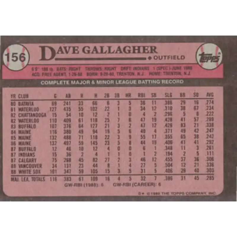1989 Topps #156 Dave Gallagher NM-MT RC Rookie Chicago White Sox Baseball Card - Baseball Card Single