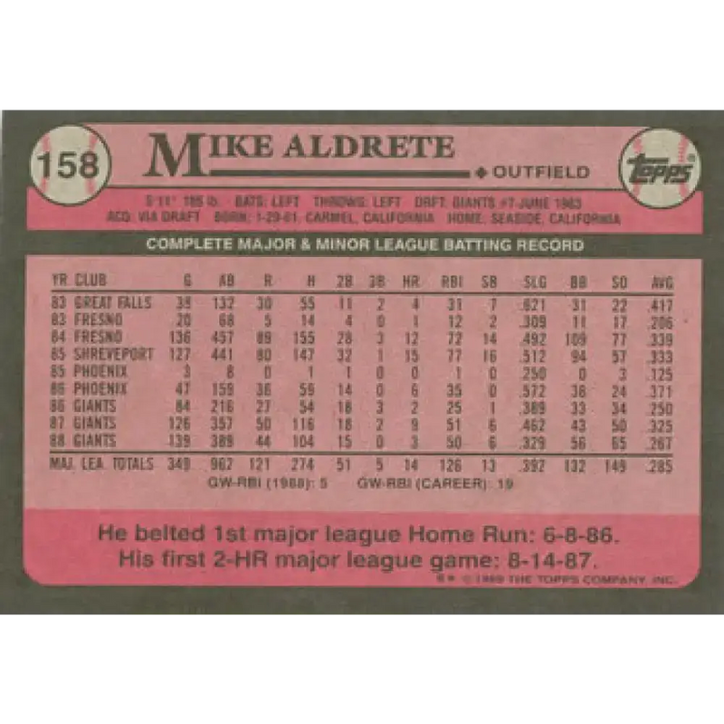 1989 Topps #158 Mike Aldrete NM-MT San Francisco Giants Baseball Card - Baseball Card Single