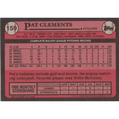 1989 Topps #159 Pat Clements NM-MT New York Yankees Baseball Card