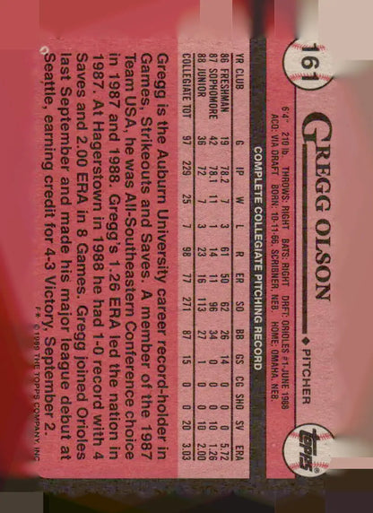 1989 Topps Gregg Olson baseball card featuring Gregg Olson pitcher collectible