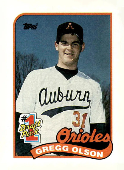 Vintage Gregg Olson baseball card in Auburn uniform from 1989 Topps #161