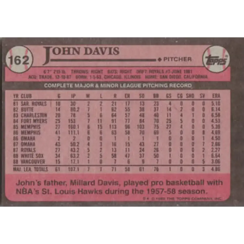 1989 Topps #162 John Davis NM-MT Chicago White Sox Baseball Card - Baseball Card Single
