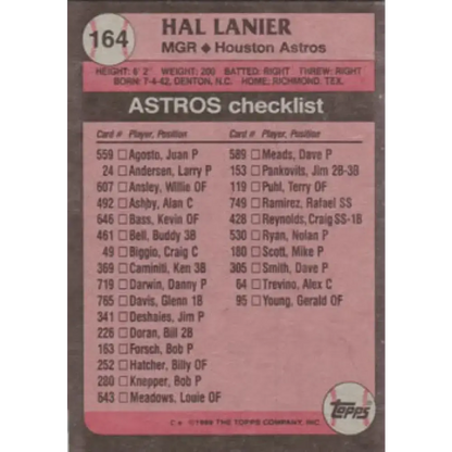 1989 Topps #164 Hal Lanier MG NM-MT Houston Astros Baseball Card