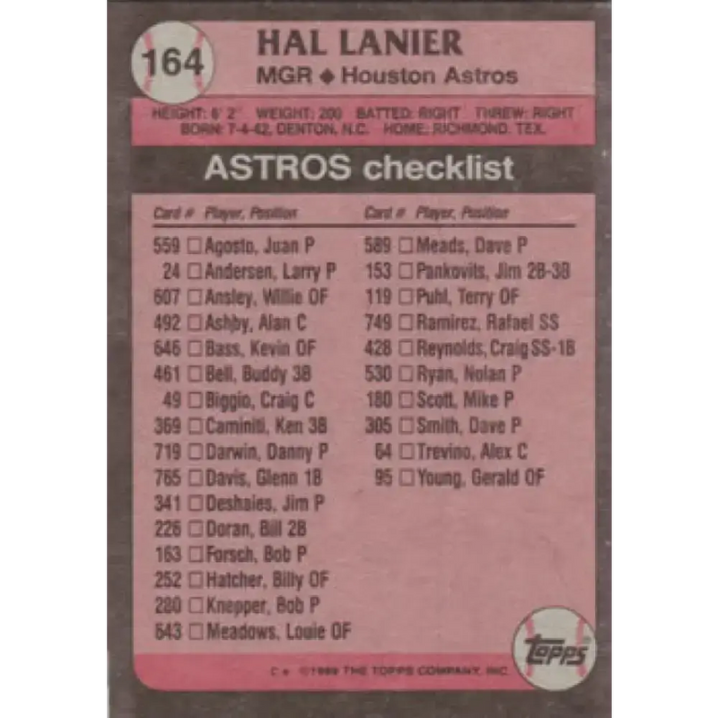 1989 Topps #164 Hal Lanier MG NM-MT Houston Astros Baseball Card - Baseball Card Single
