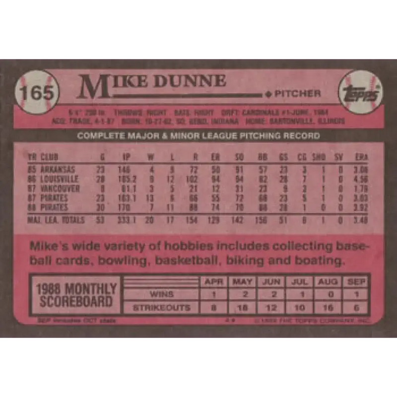 1989 Topps #165 Mike Dunne UER NM-MT Pittsburgh Pirates Baseball Card - Baseball Card Single