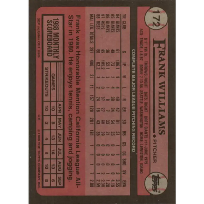 1989 Topps #172 Frank Williams NM-MT Cincinnati Reds Baseball Card