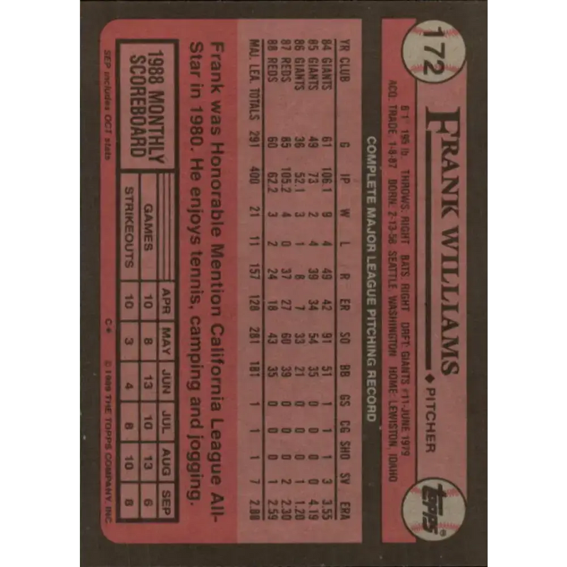 1989 Topps #172 Frank Williams NM-MT Cincinnati Reds Baseball Card - Baseball Card Single
