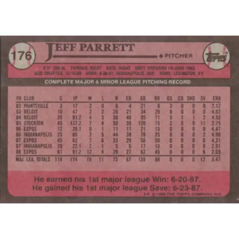 1989 Topps #176 Jeff Parrett NM-MT Montreal Expos Baseball Card - Baseball Card Single
