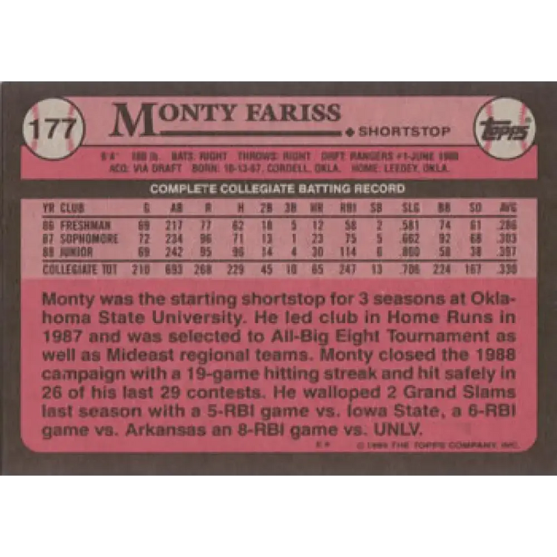 1989 Topps #177 Monty Fariss FDP NM-MT RC Rookie Texas Rangers Baseball Card - Baseball Card Single