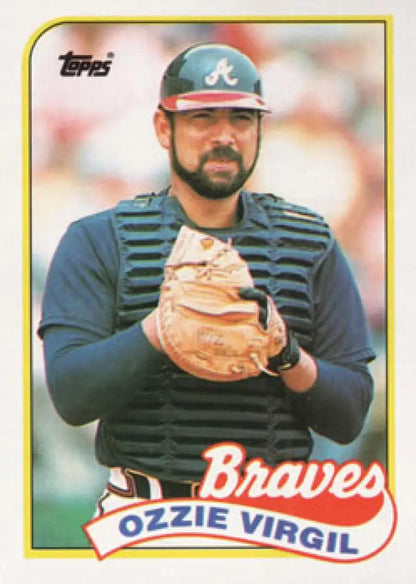 Vintage Ozzie Virgil Atlanta Braves baseball card in protective gear from 1989 Topps