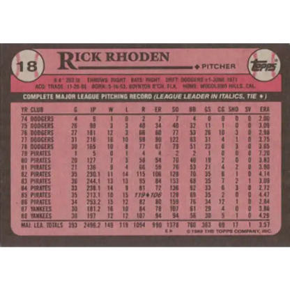 1989 Topps #18 Rick Rhoden NM-MT New York Yankees Baseball Card