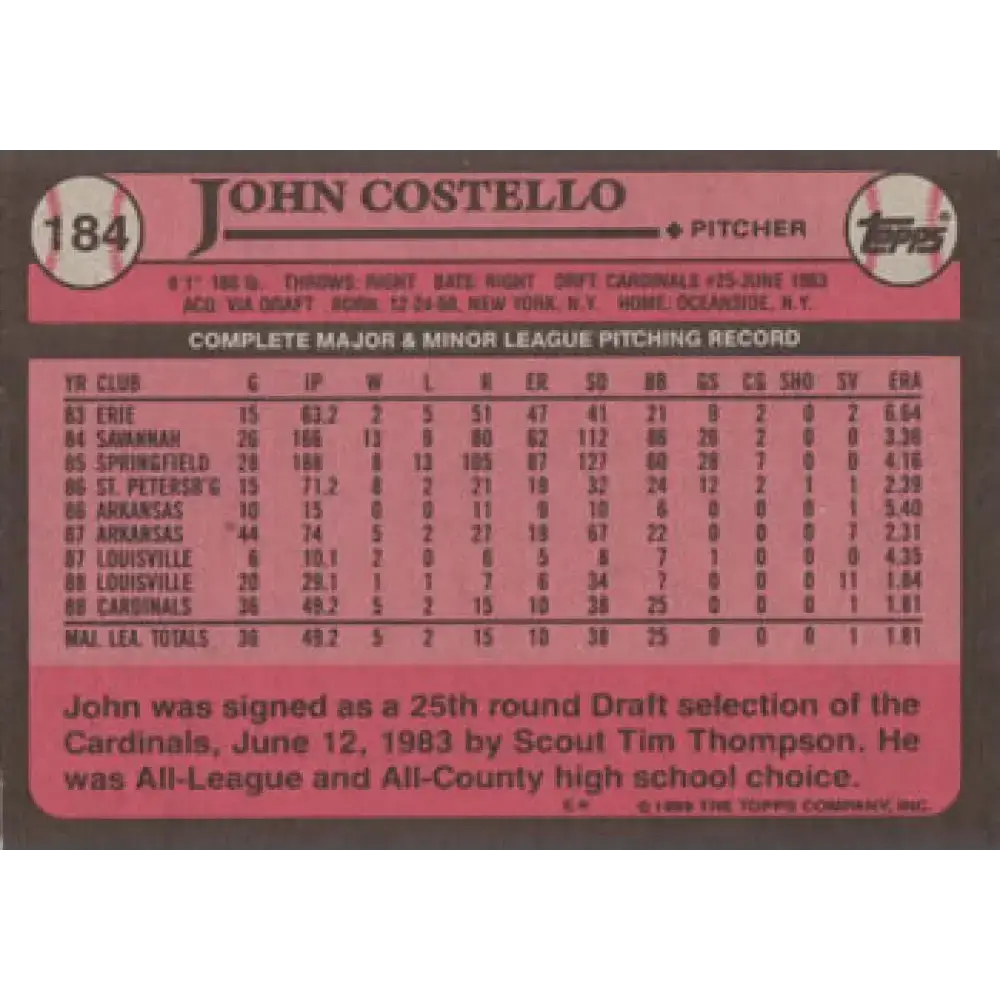 1989 Topps #184 John Costello NM-MT St. Louis Cardinals Baseball Card - Baseball Card Single