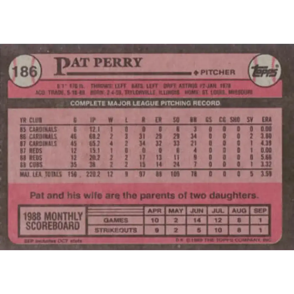 1989 Topps #186 Pat Perry NM-MT Chicago Cubs Baseball Card - Baseball Card Single