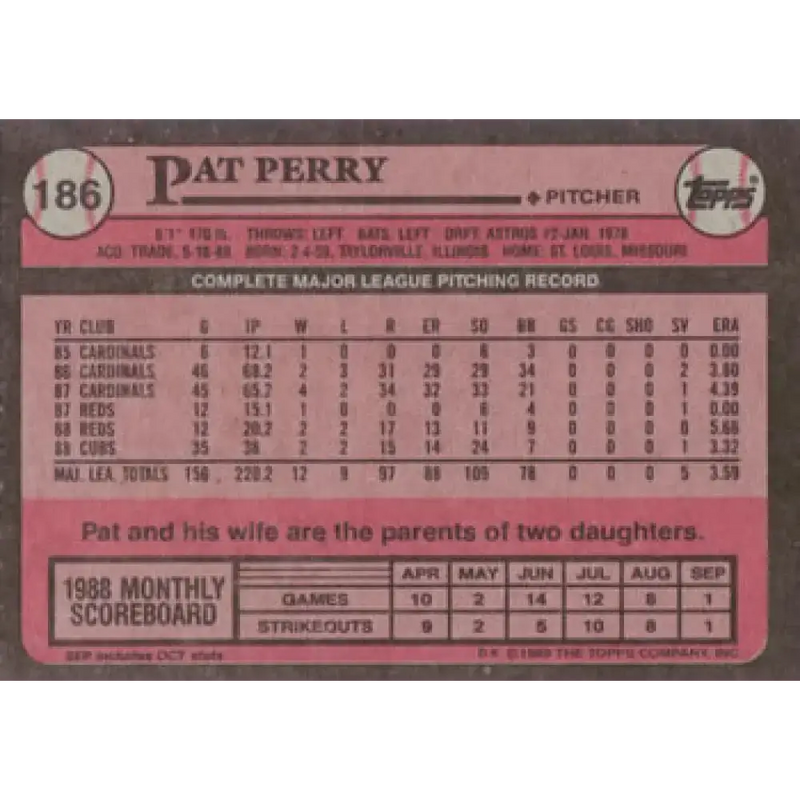 1989 Topps #186 Pat Perry NM-MT Chicago Cubs Baseball Card - Baseball Card Single