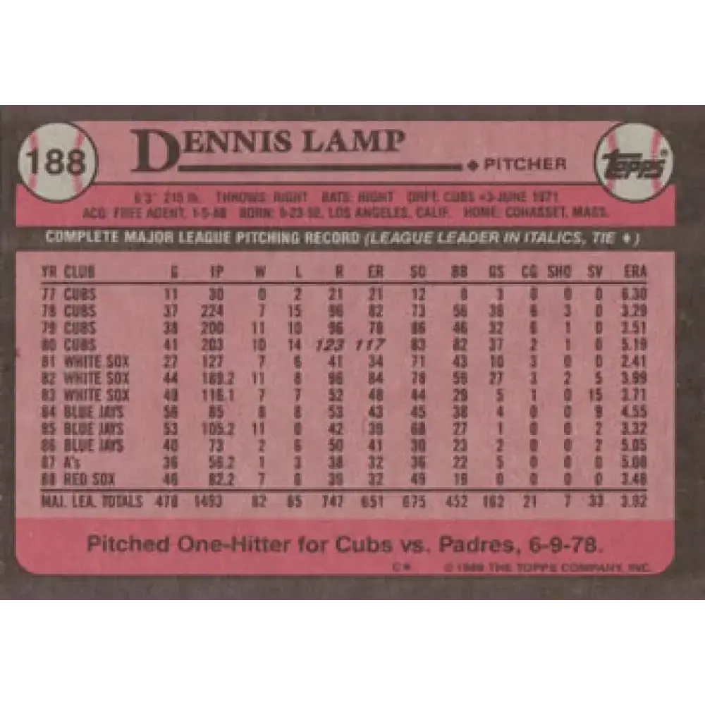 1989 Topps #188 Dennis Lamp NM-MT Boston Red Sox Baseball Card - Baseball Card Single