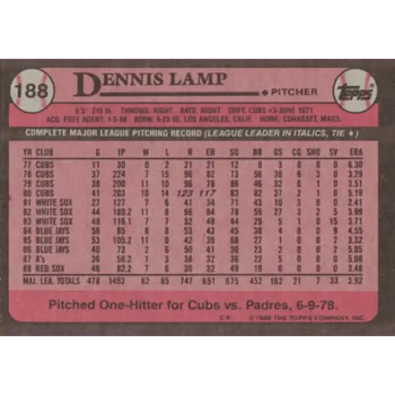 1989 Topps #188 Dennis Lamp NM-MT Boston Red Sox Baseball Card - Baseball Card Single