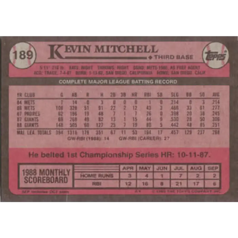 1989 Topps #189 Kevin Mitchell NM-MT San Francisco Giants Baseball Card - Baseball Card Single