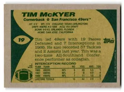Back of 1989 Topps Tim McKyer football card featuring San Francisco 49ers information